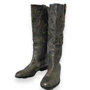 FRYE & CO Pewter Grey Phoenix Studded Leather Tall Over The Calf Cowboy …
